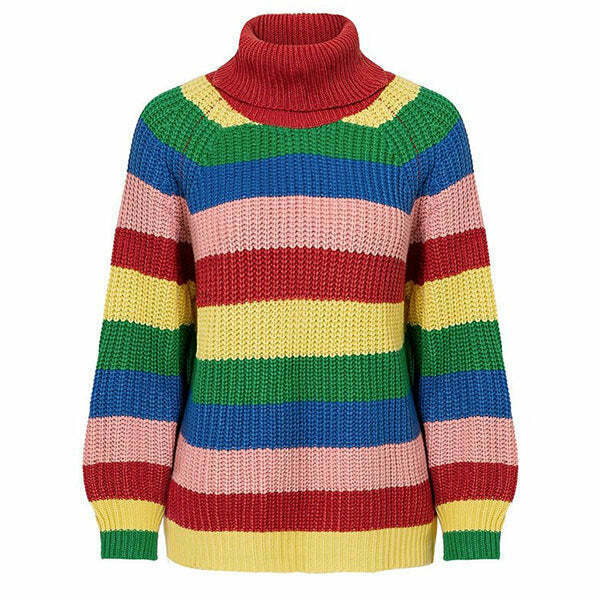 Y2K Retro Rainbow Jumper - Baggy Grunge Style Hoodie for Trendy 2000s Outfits