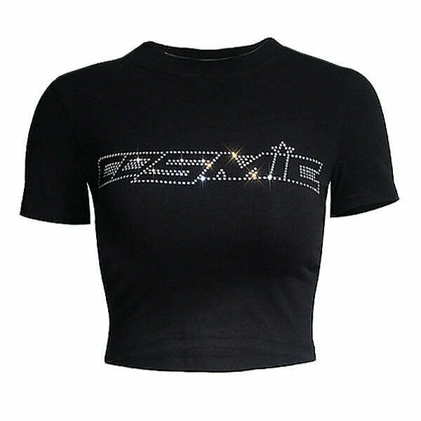 Y2K Rhinestone Cosmic Crop Top - Trendy White Y2K Fashion for Grunge and Cyber Styles