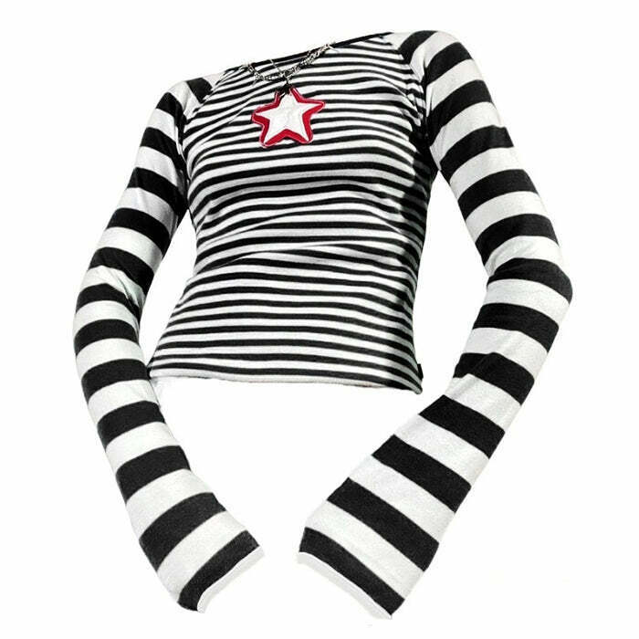 Y2K Star Striped Long Sleeve Top - Trendy Grunge Zip Up for Stylish Streetwear Outfits