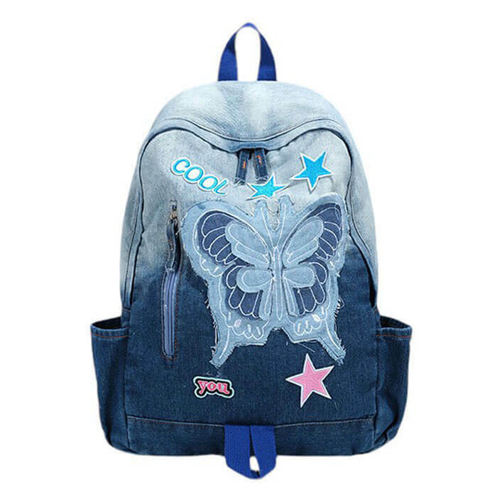 Y2K Style Butterfly Denim Backpack - Trendy Cartoon Design for Fashion-Forward Outfits