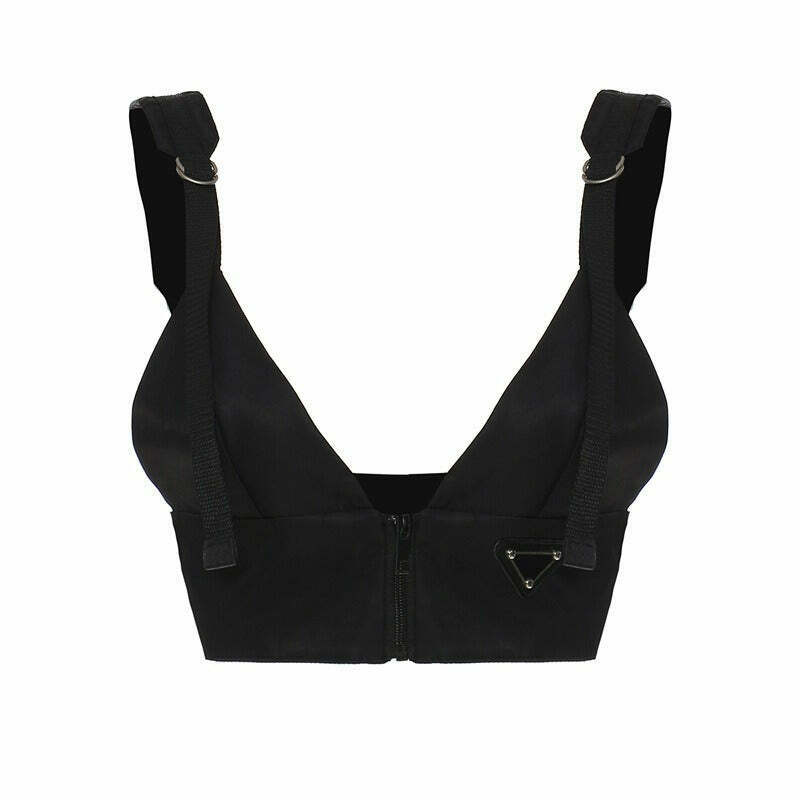 Y2K Style Danger Zone Front Zip Buckle Top - Trendy Buckle Top for Fashionable Outfits