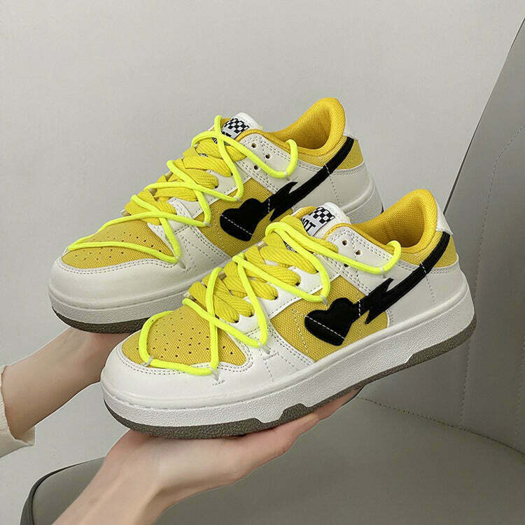 Yellow & Black Heart Aesthetic Sneakers for Y2K Fashion, TikTok Style, and Vintage Outfits