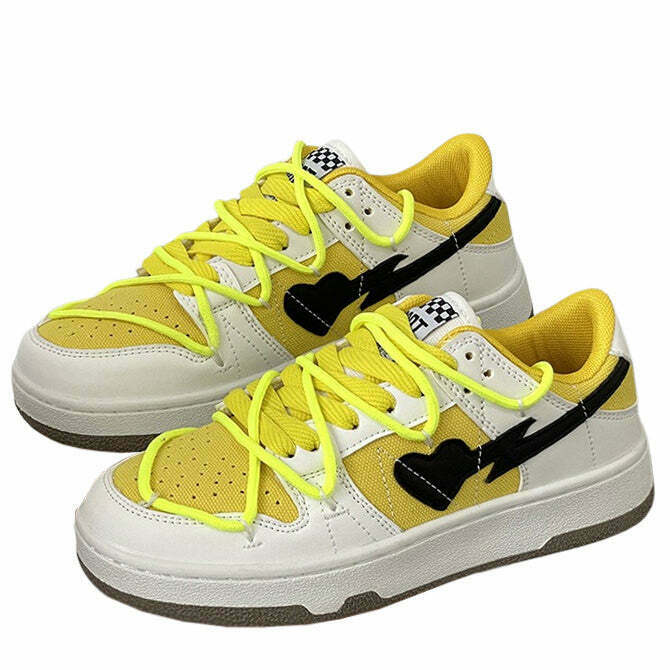 Yellow & Black Heart Aesthetic Sneakers for Y2K Fashion, TikTok Style, and Vintage Outfits