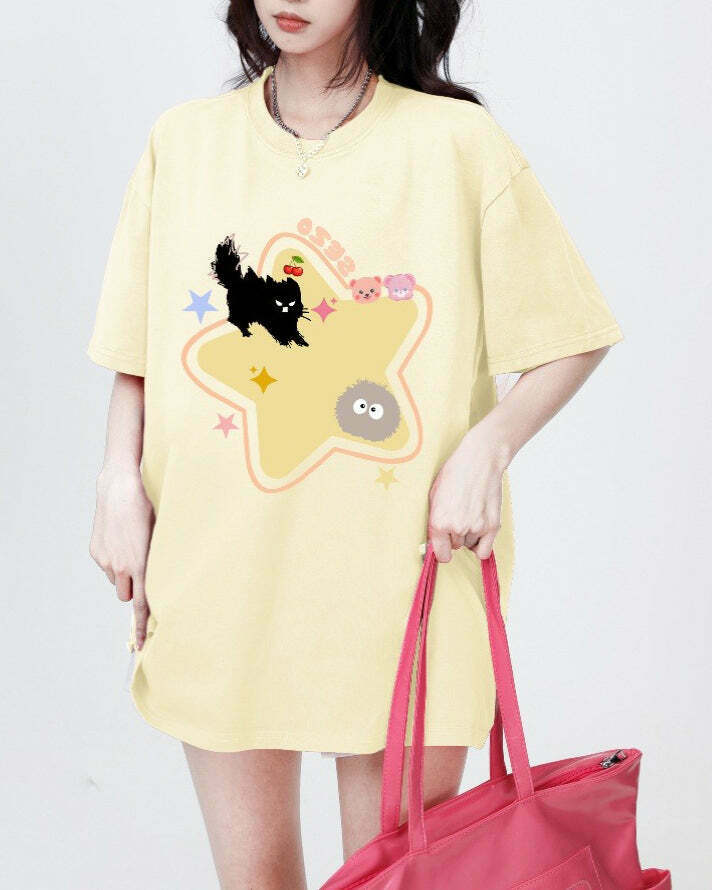 Yellow Star Cat T-Shirt - Trendy Y2K Fashion for Casual Style and Iconic Outfits