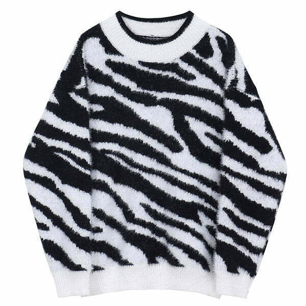 Zebra Print Knit Sweater for Y2K Indie Fashion - Trendy Winter Style & Grunge Outfits