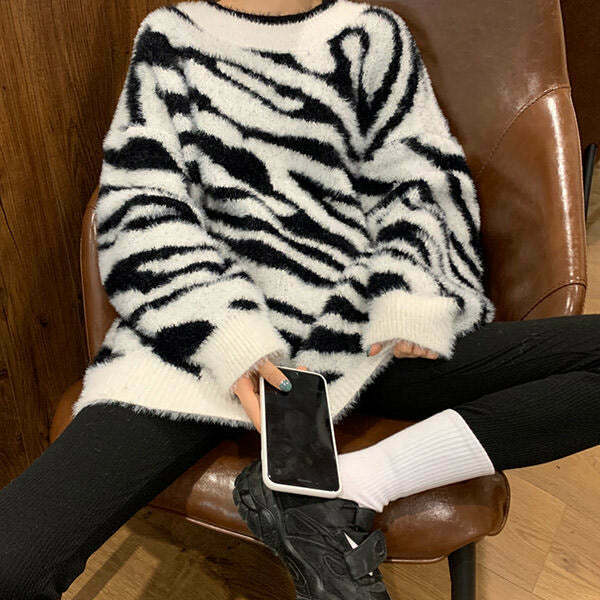 Zebra Print Knit Sweater for Y2K Indie Fashion - Trendy Winter Style & Grunge Outfits