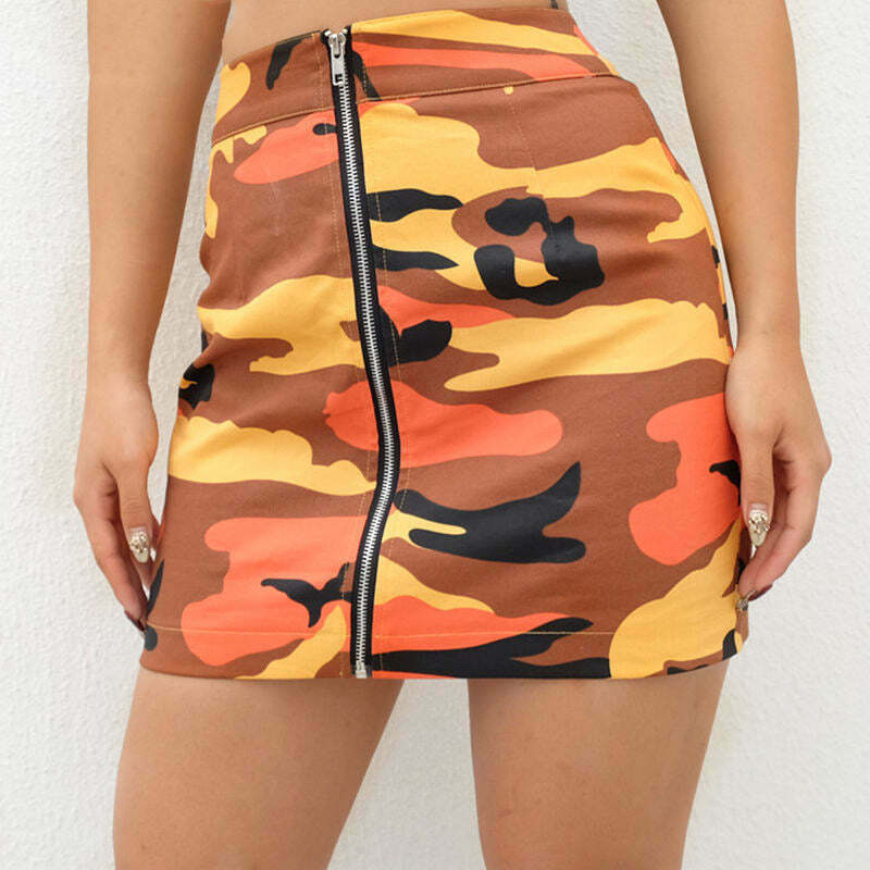 Zip-Front Orange Camo Skirt for Y2K Grunge Fashion - Vintage Retro Style Outfit